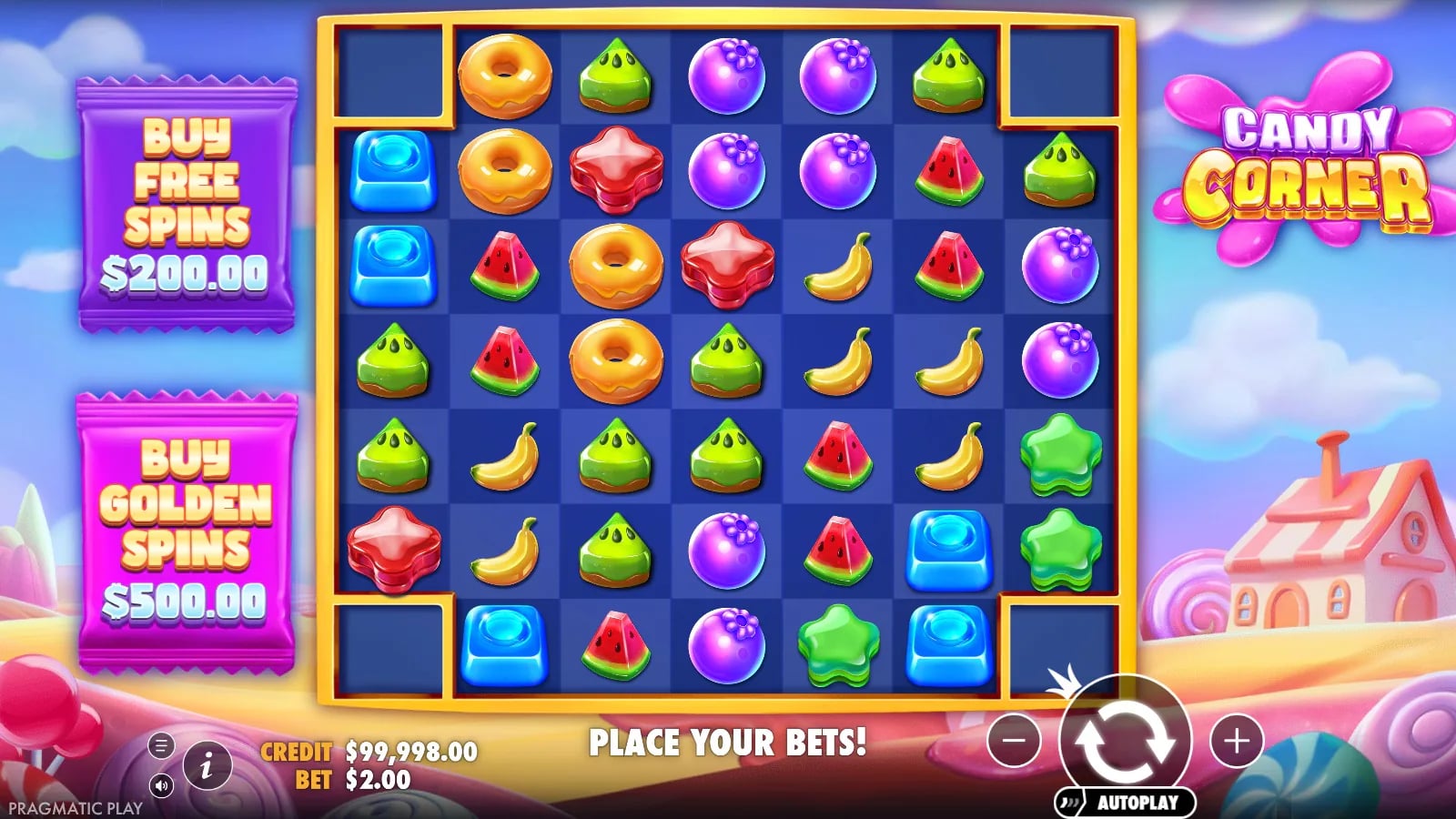Candy Corner ordinary 7×7 virtual-demo board with four empty modifier corners and two feature-purchase controls.