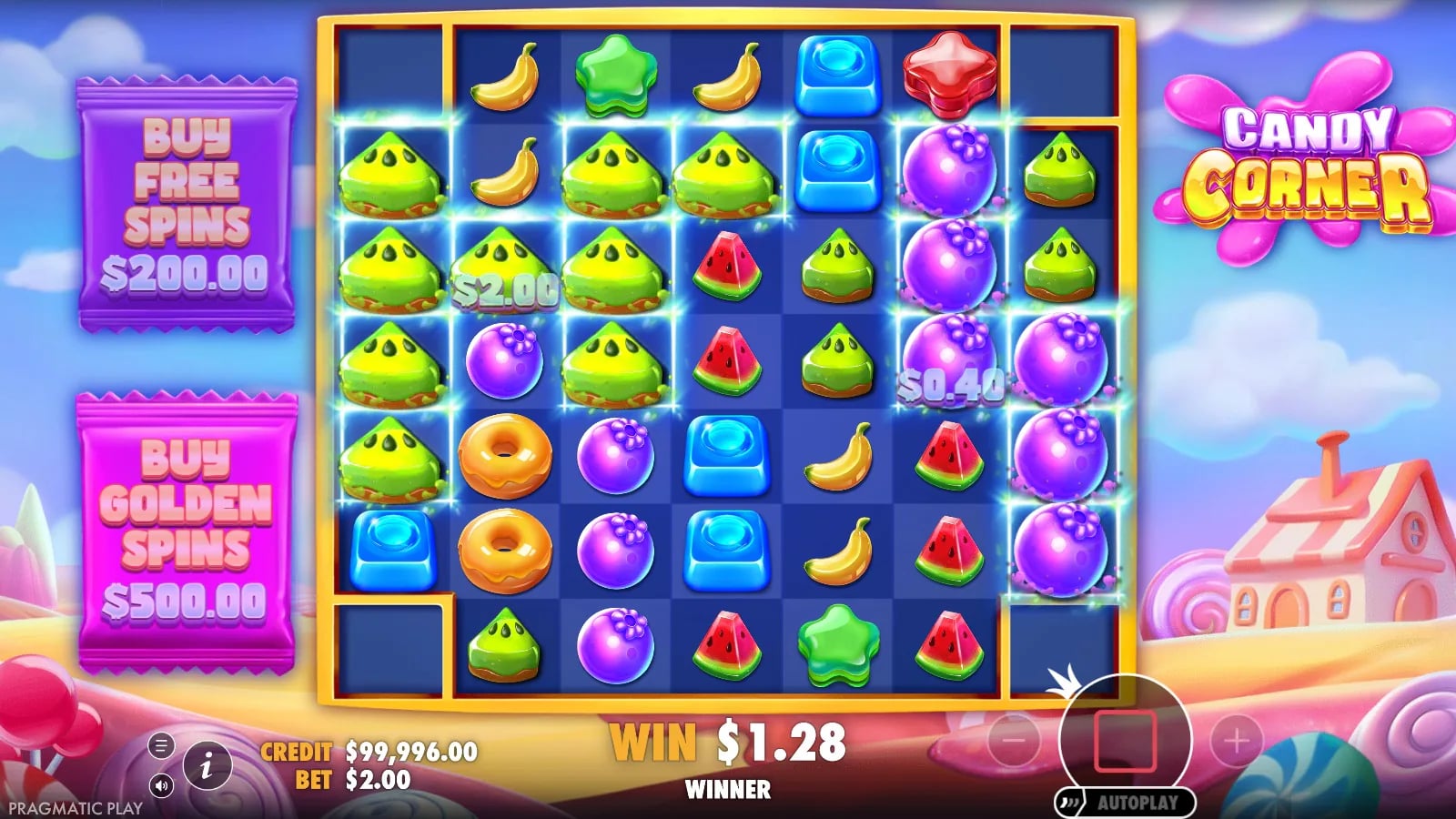Candy Corner later ordinary cluster-win animation with highlighted kiwi and berry groups and empty special corners.