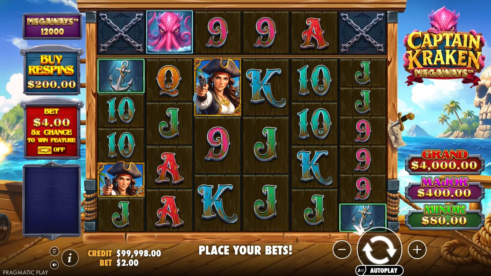 Captain Kraken Megaways playable variable-height reels with money symbols and controls