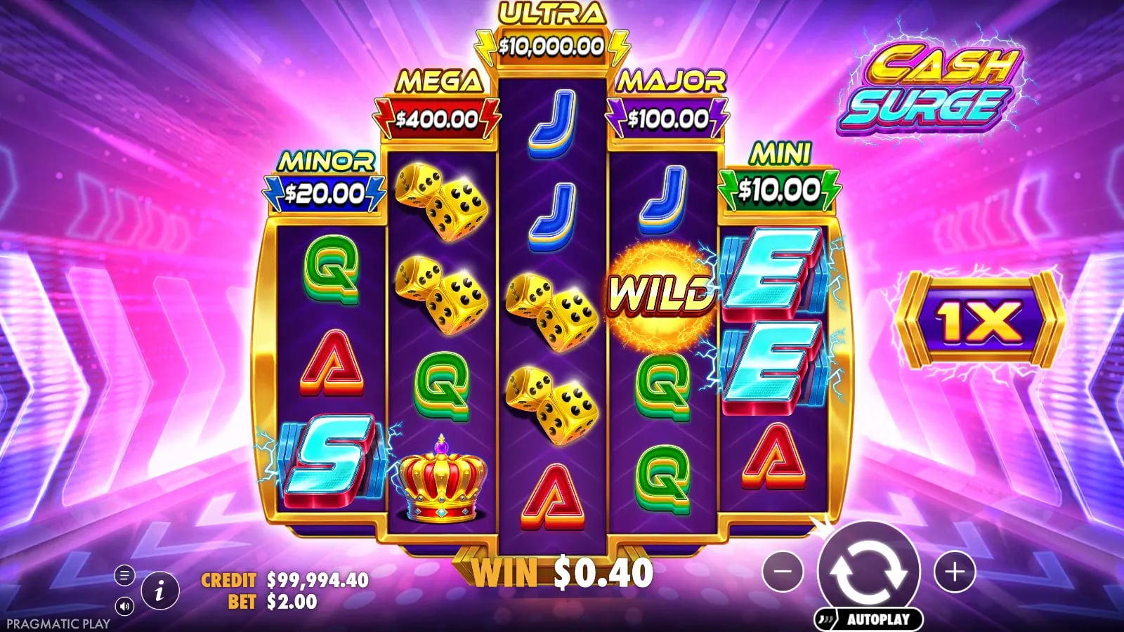 Cash Surge ordinary $0.40 demo win with a reel-four Wild and unchanged MINI $10 label above reel five.