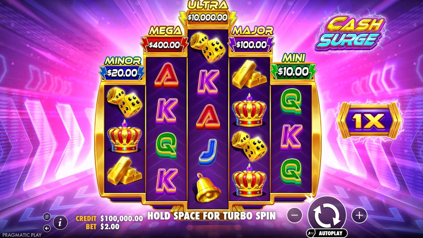 Cash Surge 5×5 base board with five labelled prize meters, 1× multiplier and $2 virtual bet before a visible award.