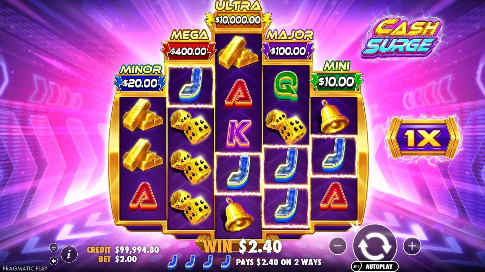 Cash Surge ordinary two-ways J-symbol result showing a $2.40 on-screen win while MINI remains $10.