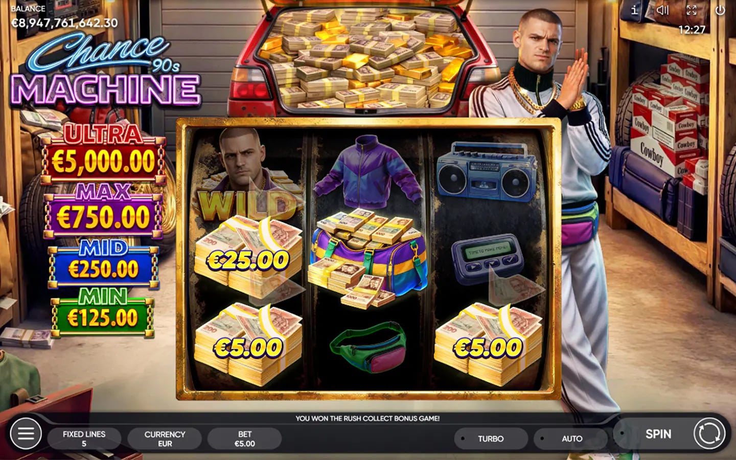 Chance Machine 90s base game with cash bundles, retro tech and a compact 3x3 grid