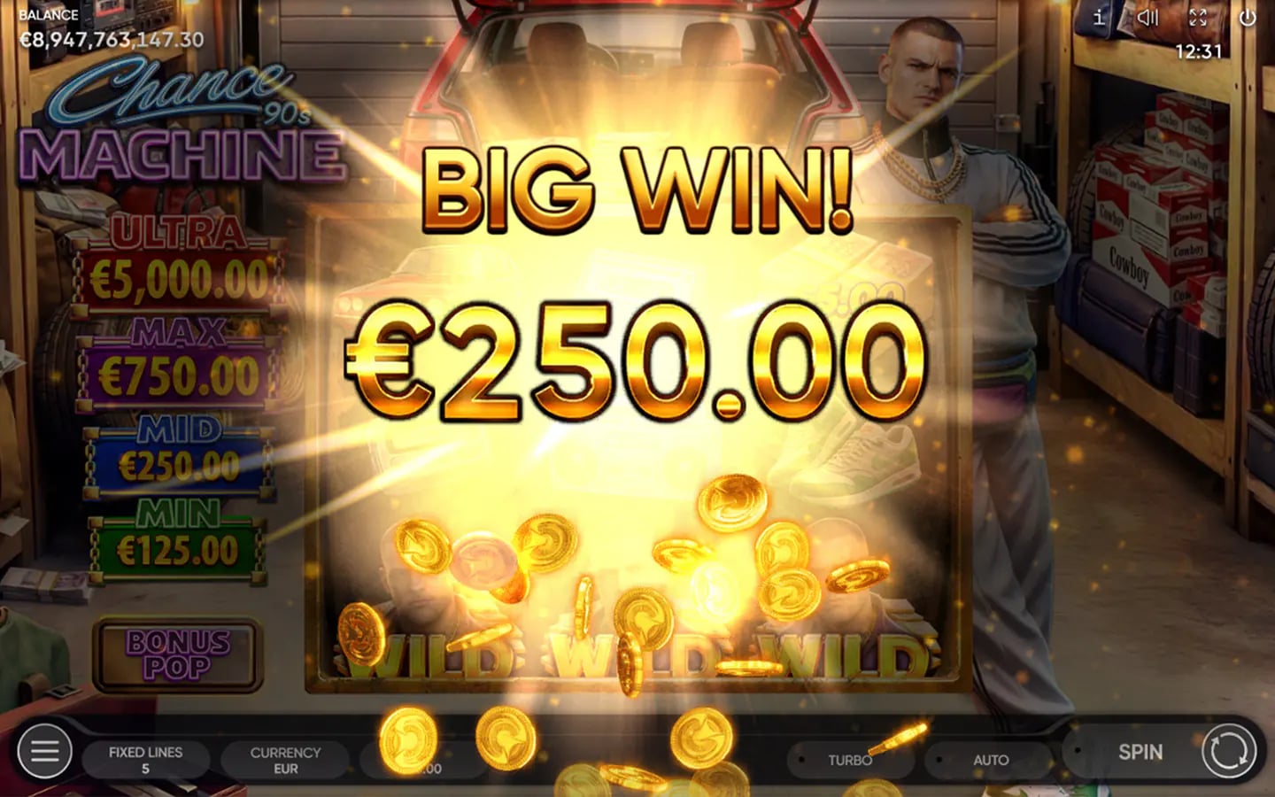 Chance Machine 90s win celebration over the bonus grid with coins filling the screen