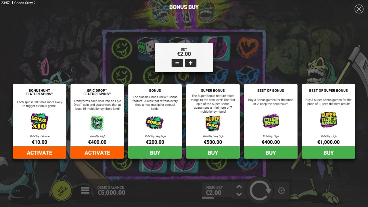 Chaos Crew 2 six-option purchase menu at a €2 base bet