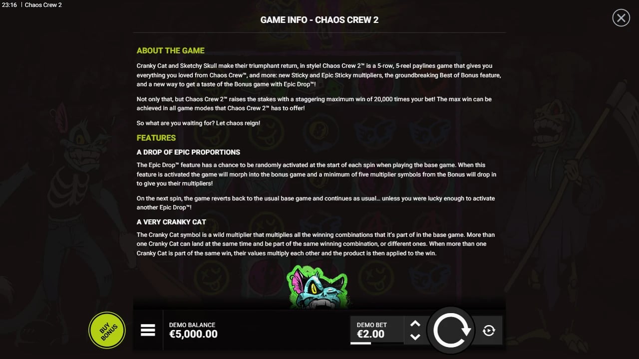 Chaos Crew 2 official Info panel with base format and feature descriptions