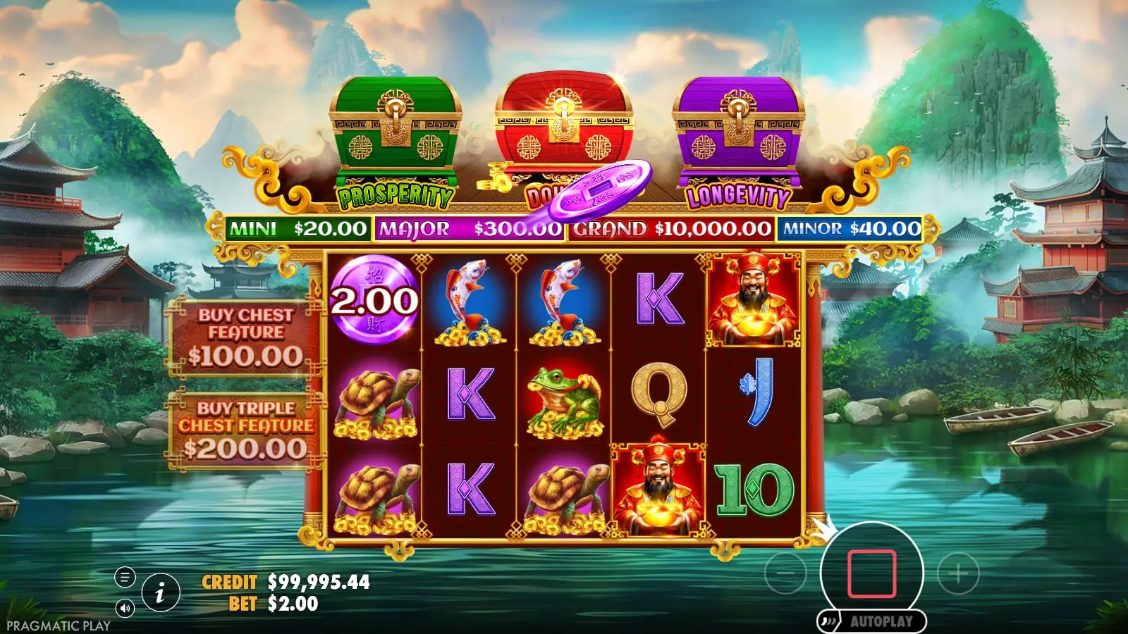Chests of Cai Shen base spin with a purple $2.00 coin above the first reel.
