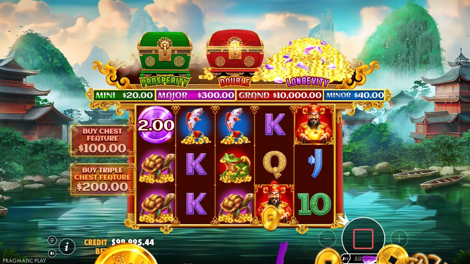 Chests of Cai Shen ordinary spin with a coin shower above the purple chest.