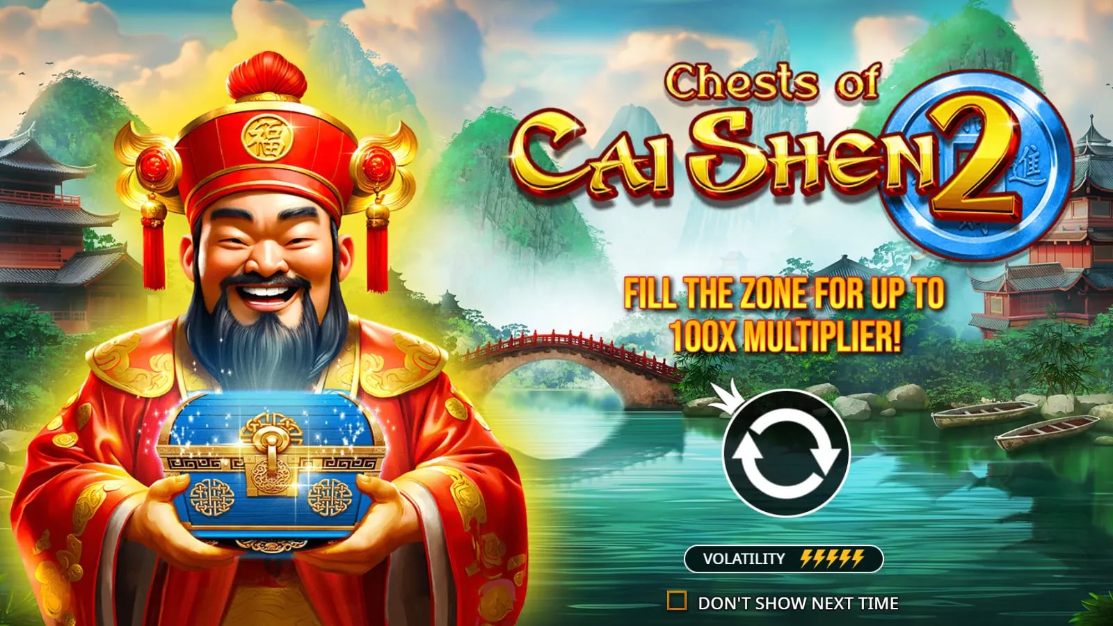 Chests of Cai Shen 2 illustrated opening with Cai Shen holding a blue chest
