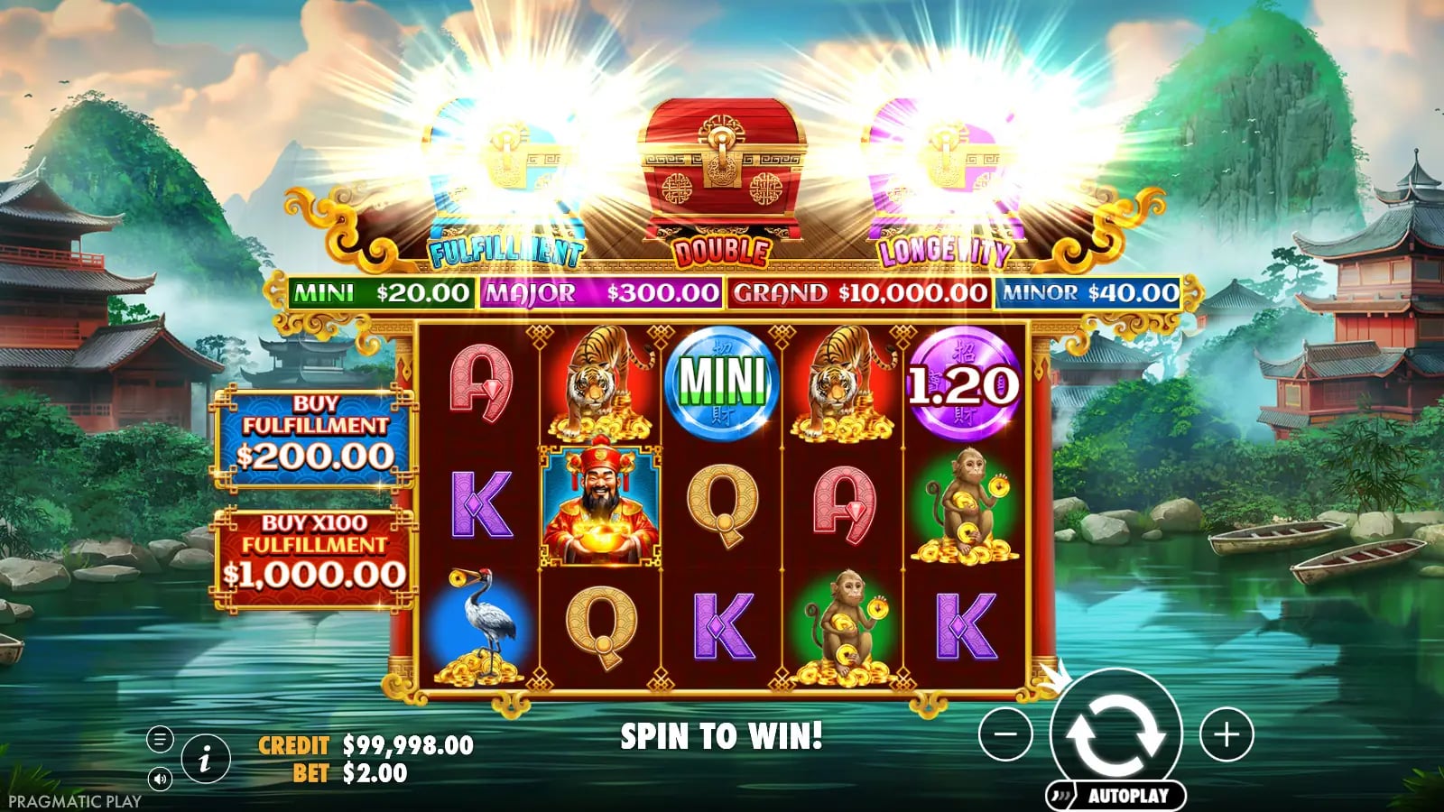 Chests of Cai Shen 2 later base result with lit chests and a blue Mini coin