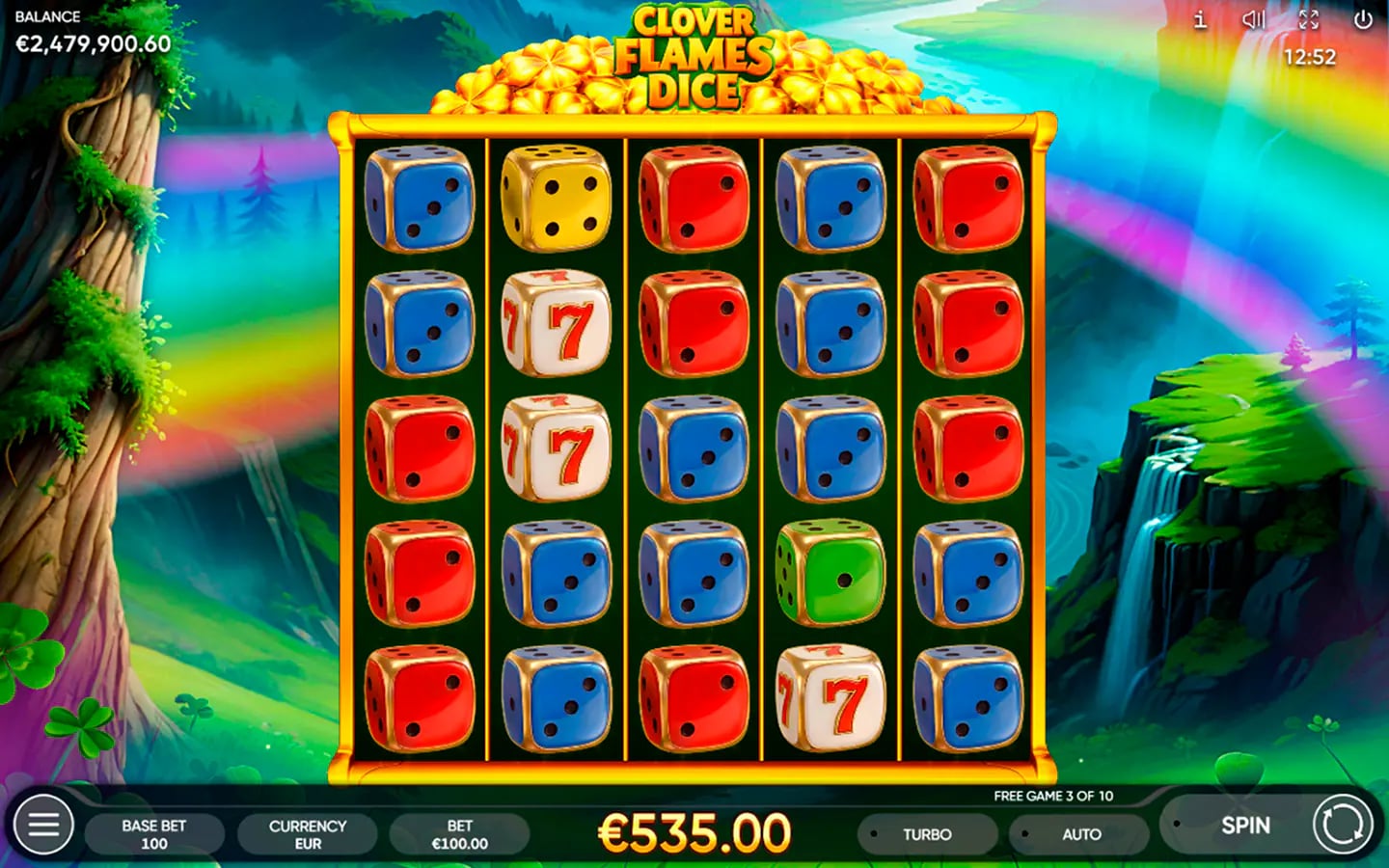 Clover Flames Dice Free Games with coloured dice symbols across a 5x5 scatter-pay grid