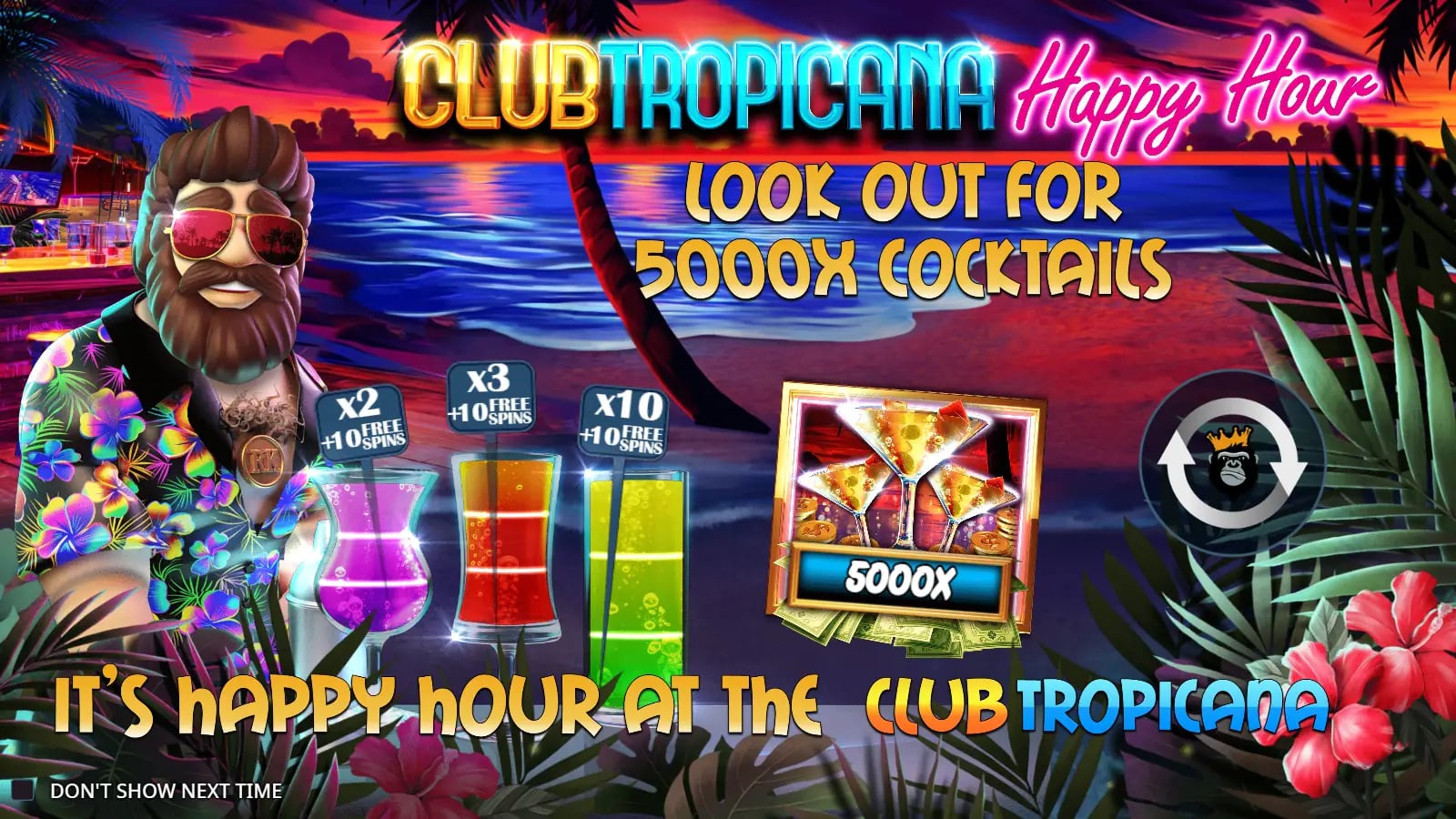 Club Tropicana Happy Hour pre-play tropical artwork with cocktail multipliers