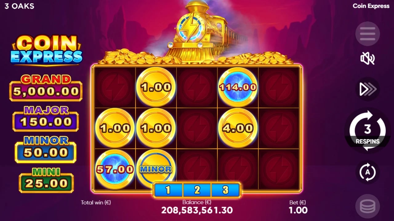 Coin Express: active bonus board with a three-respin counter