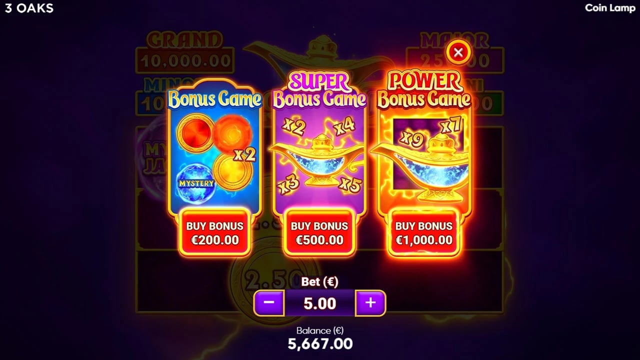Coin Lamp: three-mode purchase menu at a five-euro bet