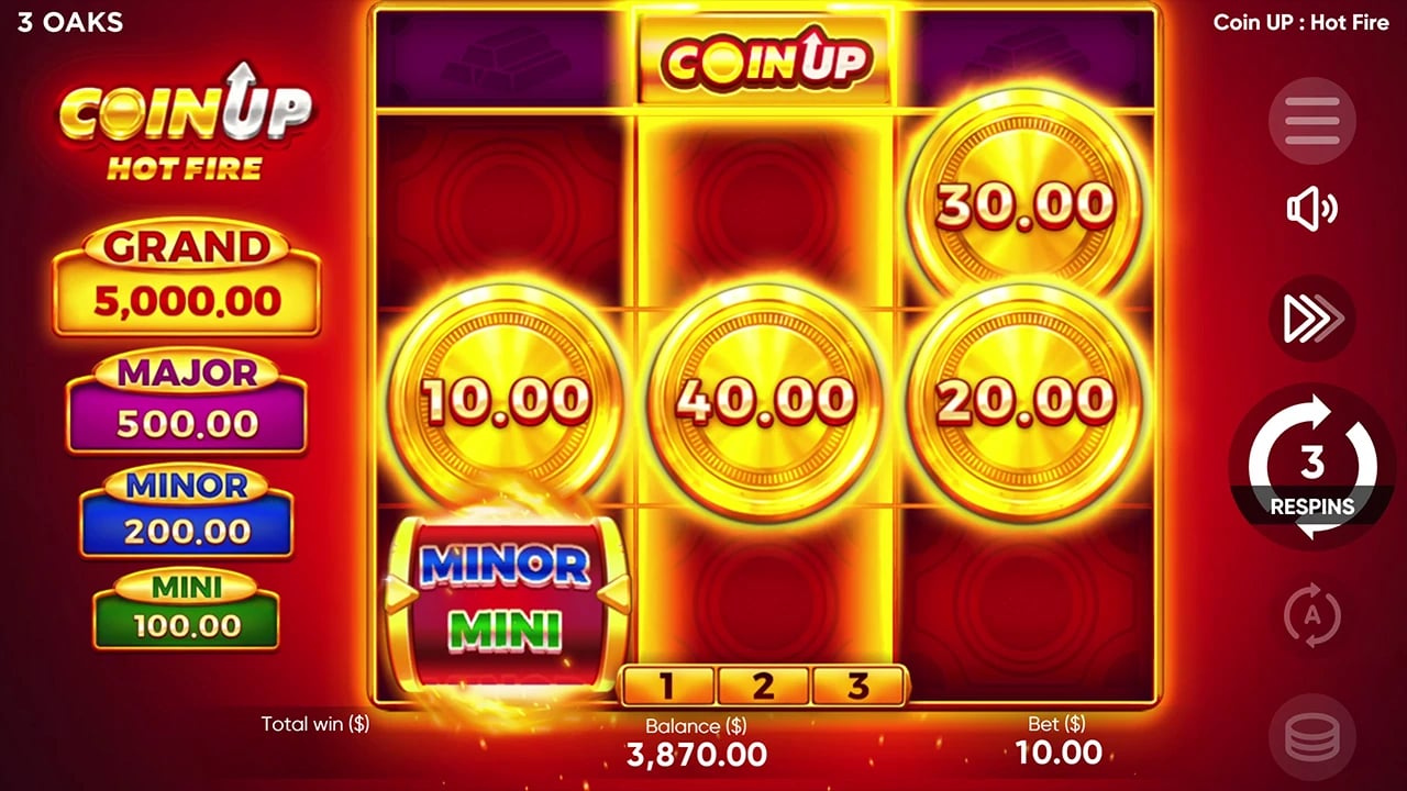 Coin Up: Hot Fire: bonus field with COIN UP above the middle column