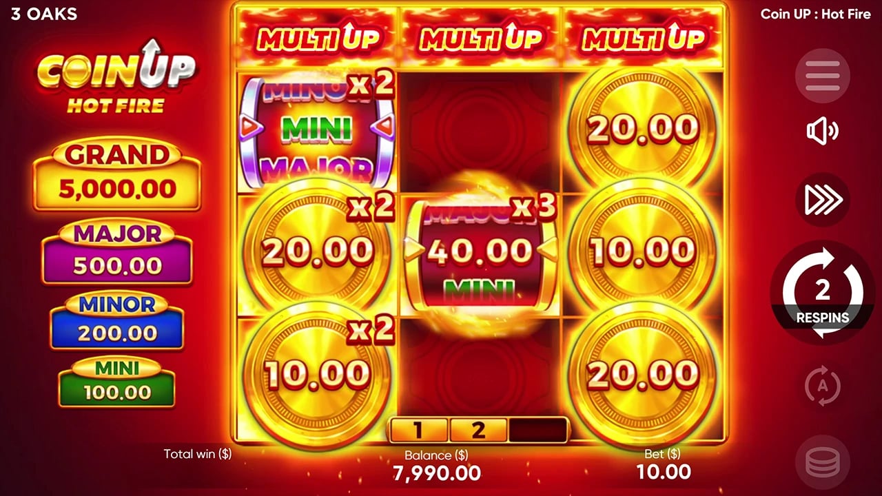 Coin Up: Hot Fire: MULTI UP row and multiplier-marked symbols