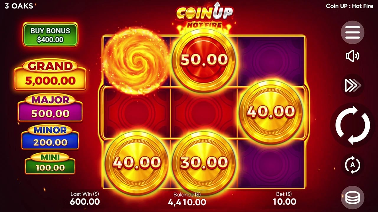 Coin Up: Hot Fire: starting field with sticky coins and the buy control