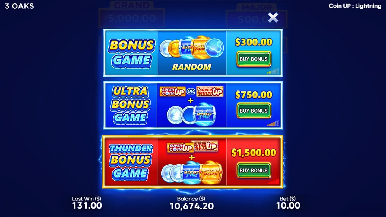Coin UP: Lightning: Bonus, Ultra and Thunder purchase menu