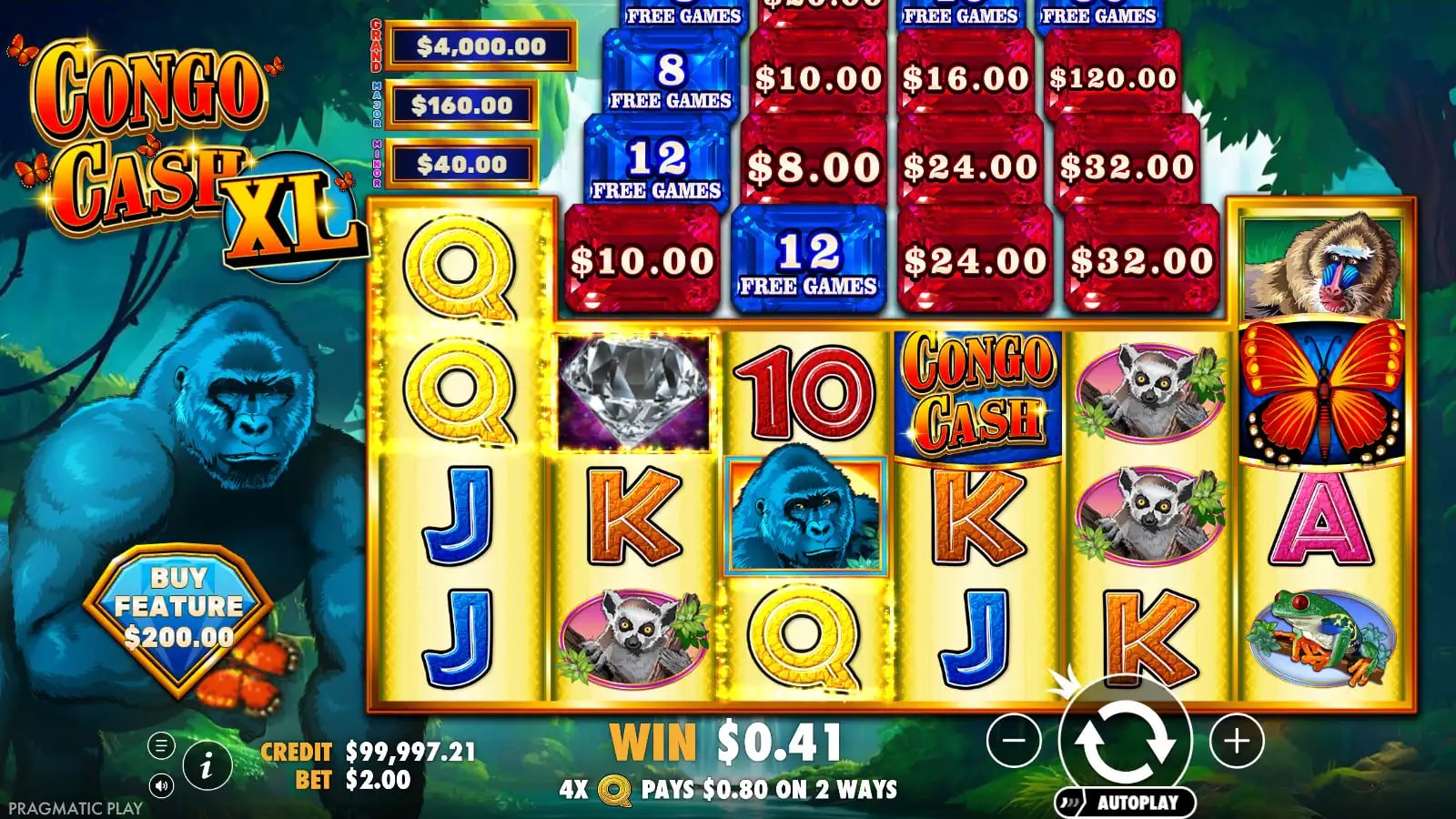 Congo Cash XL base result with one Butterfly, a Congo Cash symbol and blue Free Games jewels