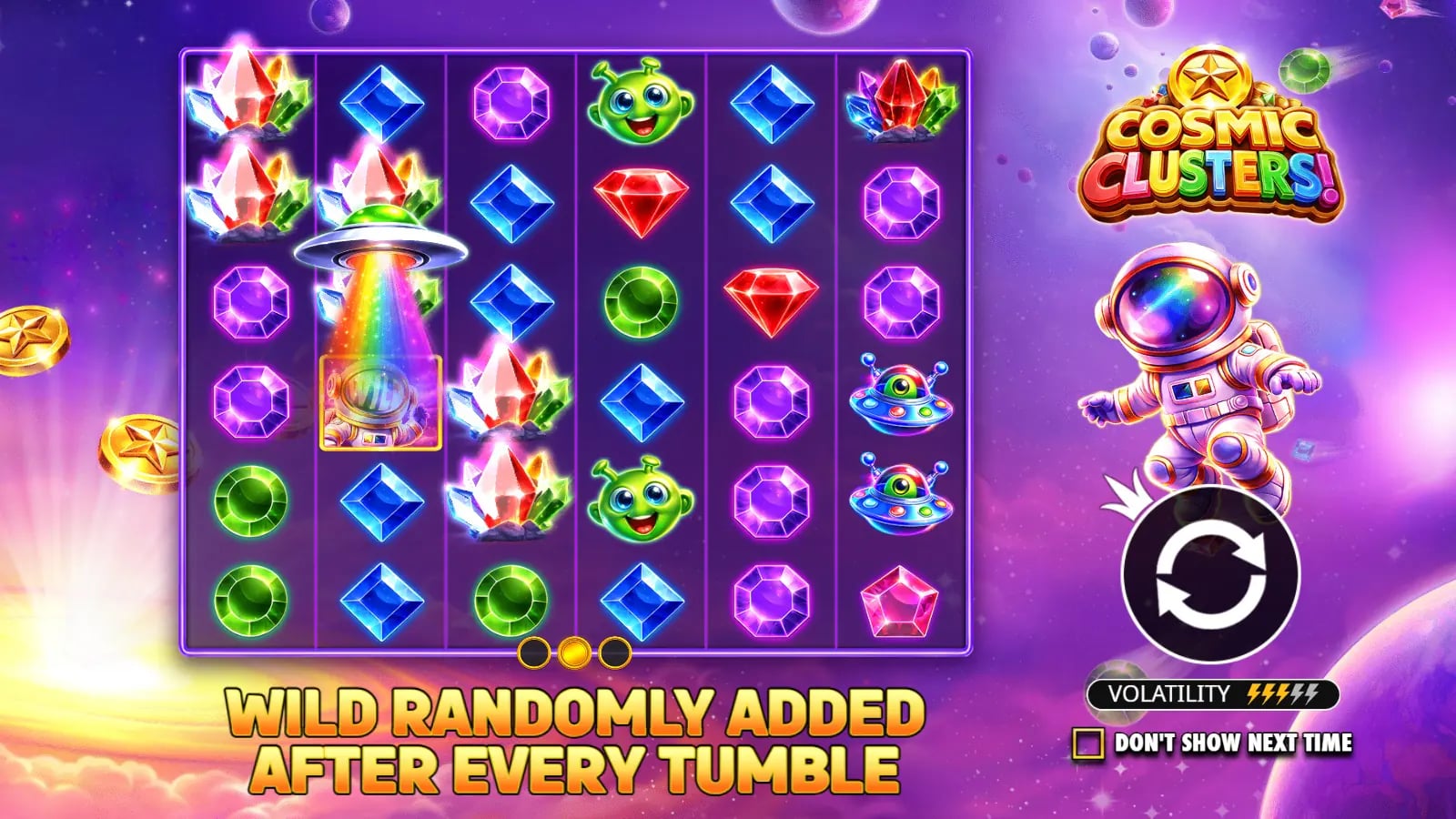 Cosmic Clusters official demo showing the complete six-by-six space grid and cluster symbols