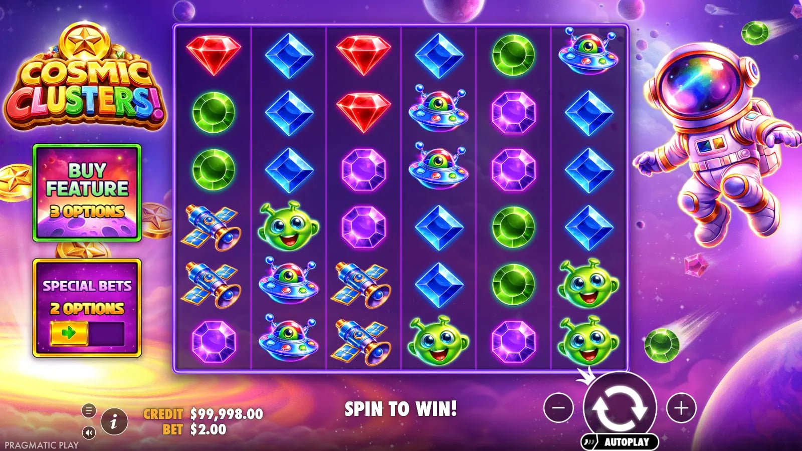 Cosmic Clusters base spin with connected planet symbols, money values and virtual controls visible