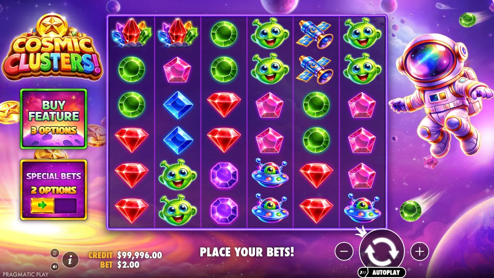 Cosmic Clusters official gameplay after a tumble with a new Wild and altered money-symbol positions