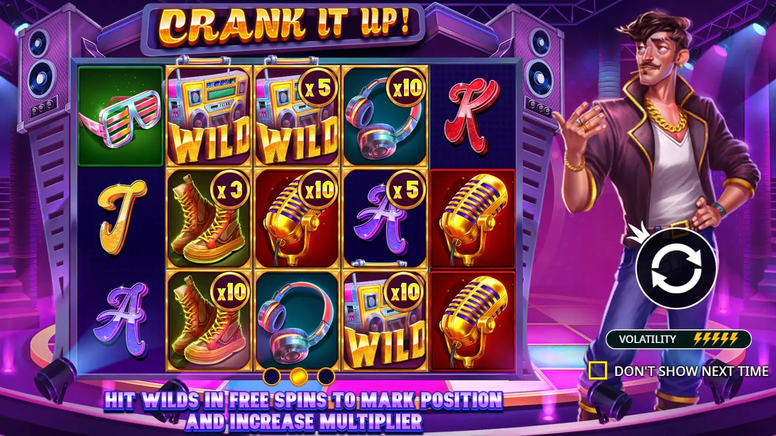 Crank It Up instructional overlay with example Wilds and multiplier badges.
