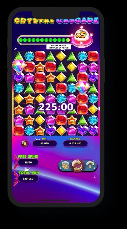 Crystal Cascade: Official portrait device illustration of Crystal Cascade bonus play, including an example prize and multiplier display.