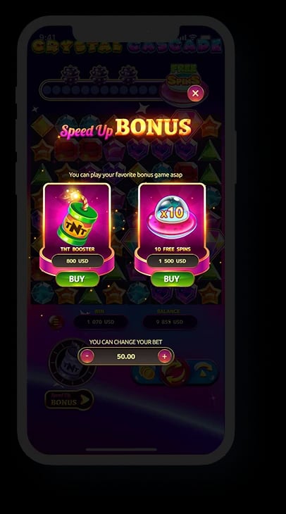Crystal Cascade: Official phone illustration of the Crystal Cascade Speed Up Bonus choices.