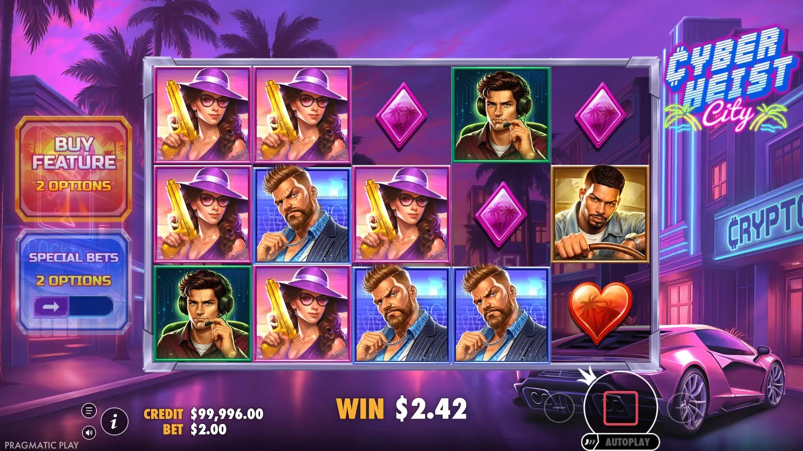 Cyberheist City base-game win with character symbols and buy controls