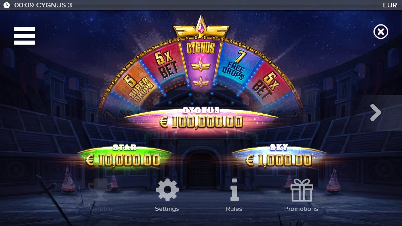 Cygnus 3 wheel with Free Drops and jackpot sectors