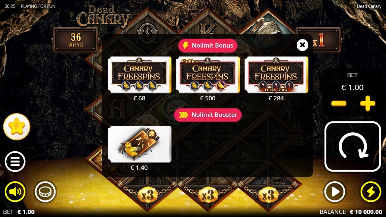 Dead Canary Nolimit Bonus menu with €68, €500 and €284 options at €1 base bet