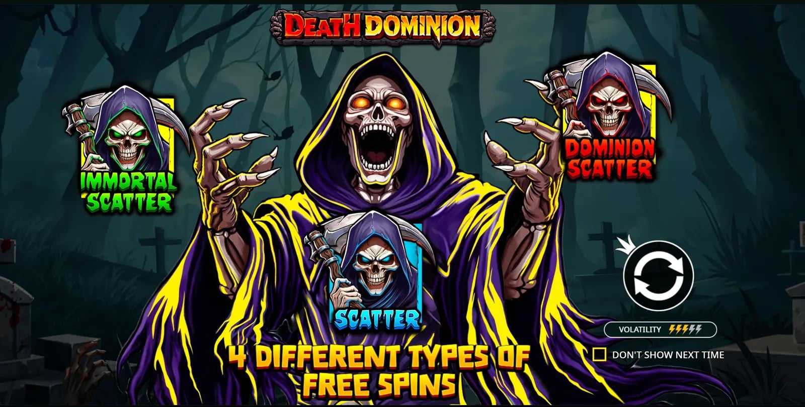 Death Dominion official demo showing its four free-spins scatter variants