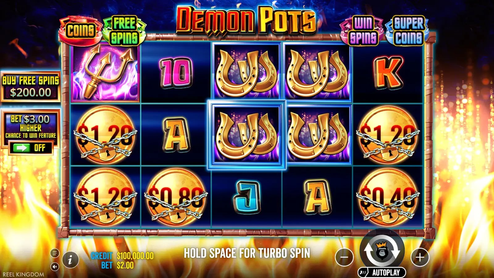 Demon Pots first base-grid frame with four chained cash coins