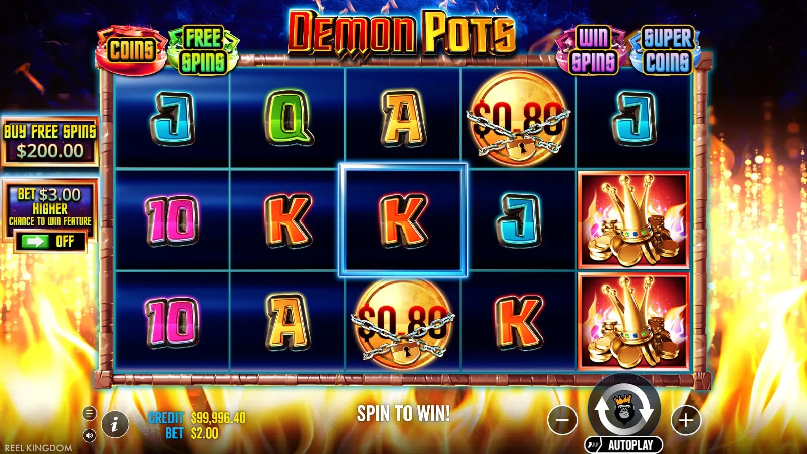 Demon Pots ordinary result with two chained coins and crown symbols
