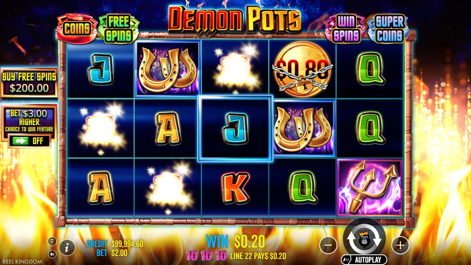 Demon Pots later base result with a small line win