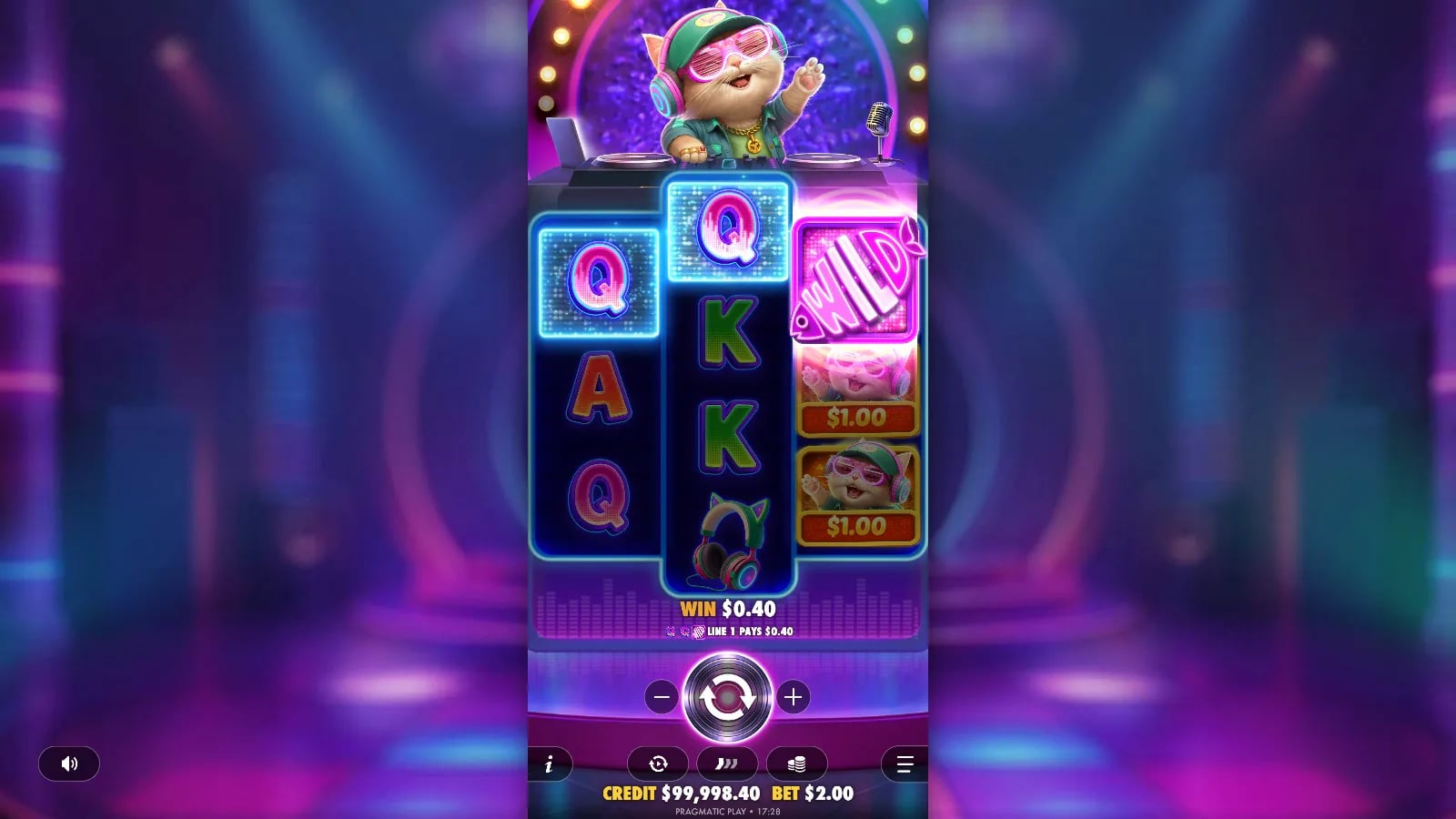 DJ Neko base-game Q-line win on an asymmetrical reel set