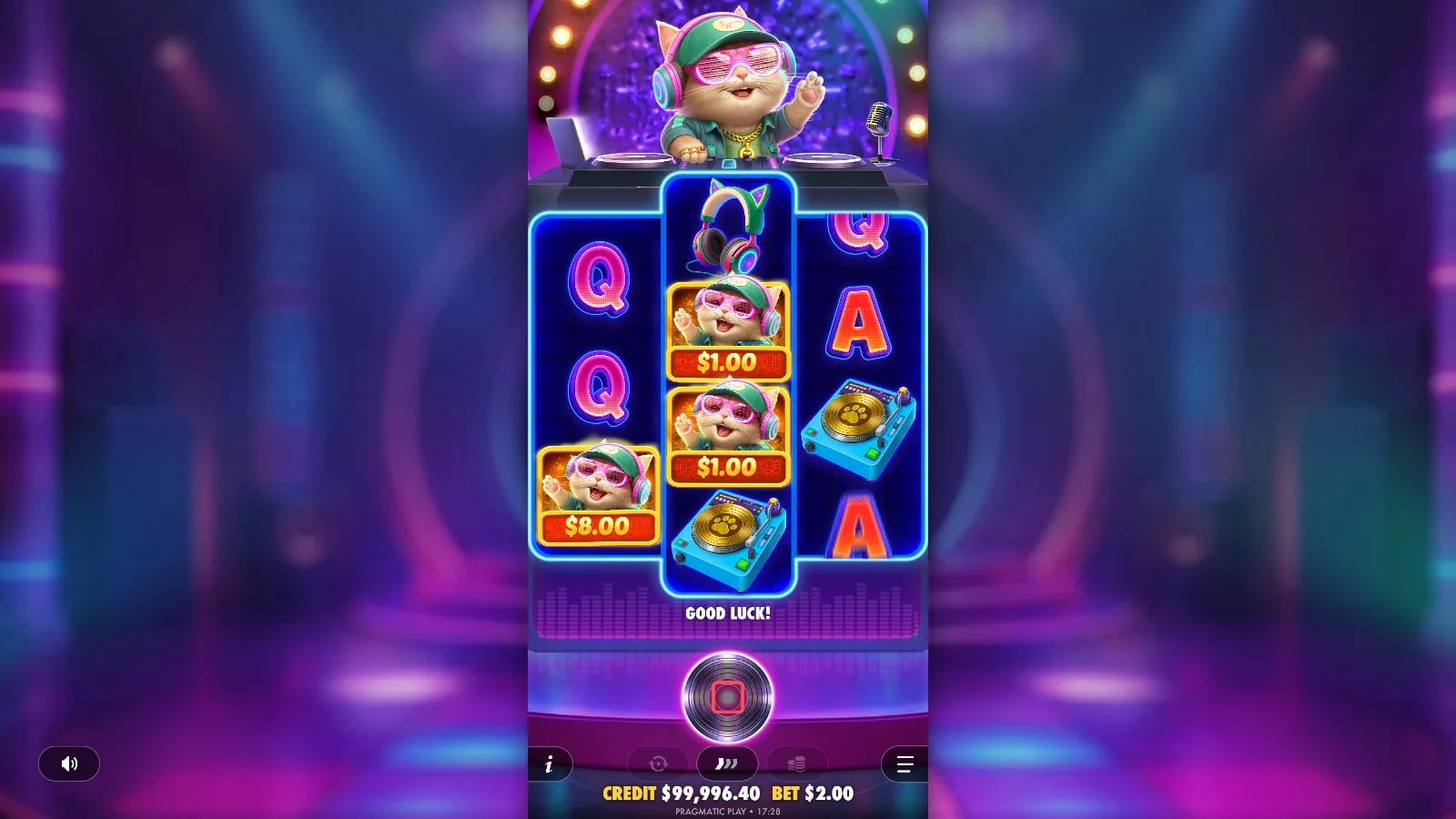 DJ Neko later base spin with three visible cat money values