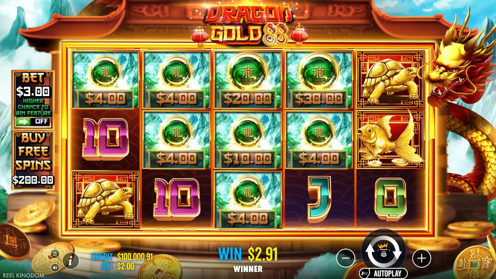 Dragon Gold 88 base-game reels showing fish and turtle symbols with a small line win