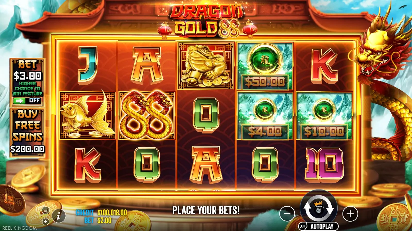 Dragon Gold 88 base reels with three visible money values and golden fish artwork
