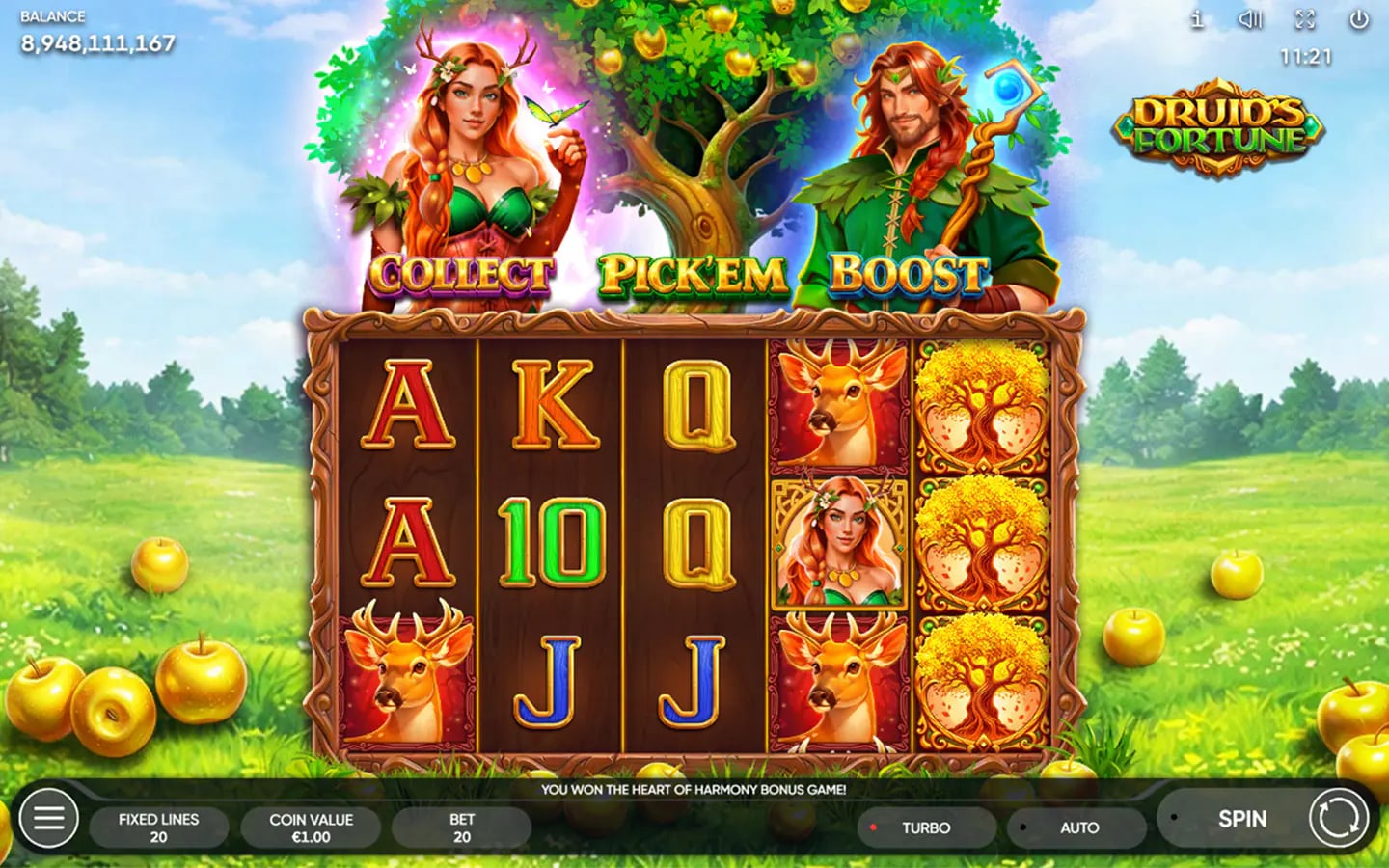 Druid's Fortune base game with Collect, Pick Em and Boost paths above the 5x3 reels
