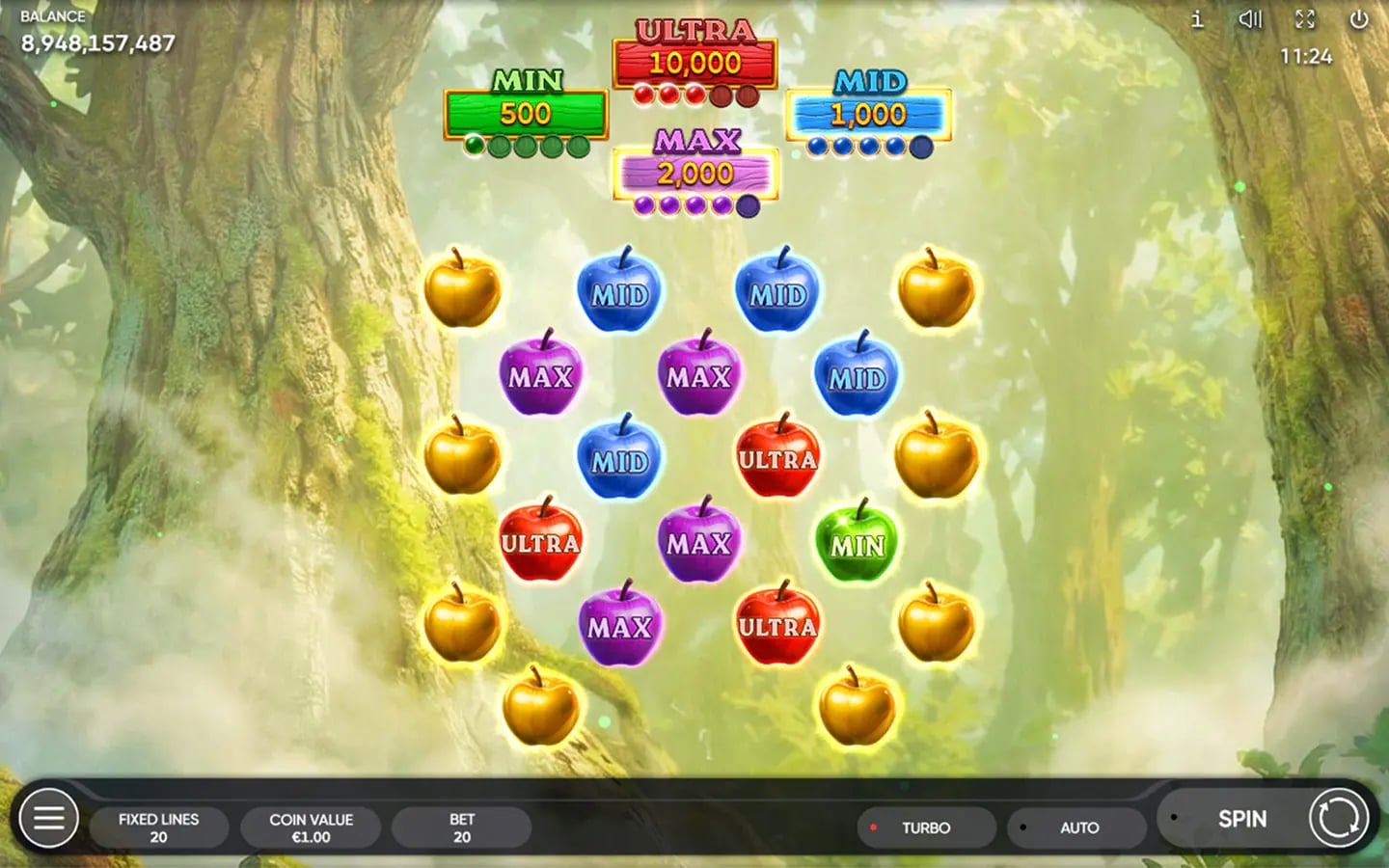 Druid's Fortune jackpot collection screen with Min, Mid, Max and Ultra apples