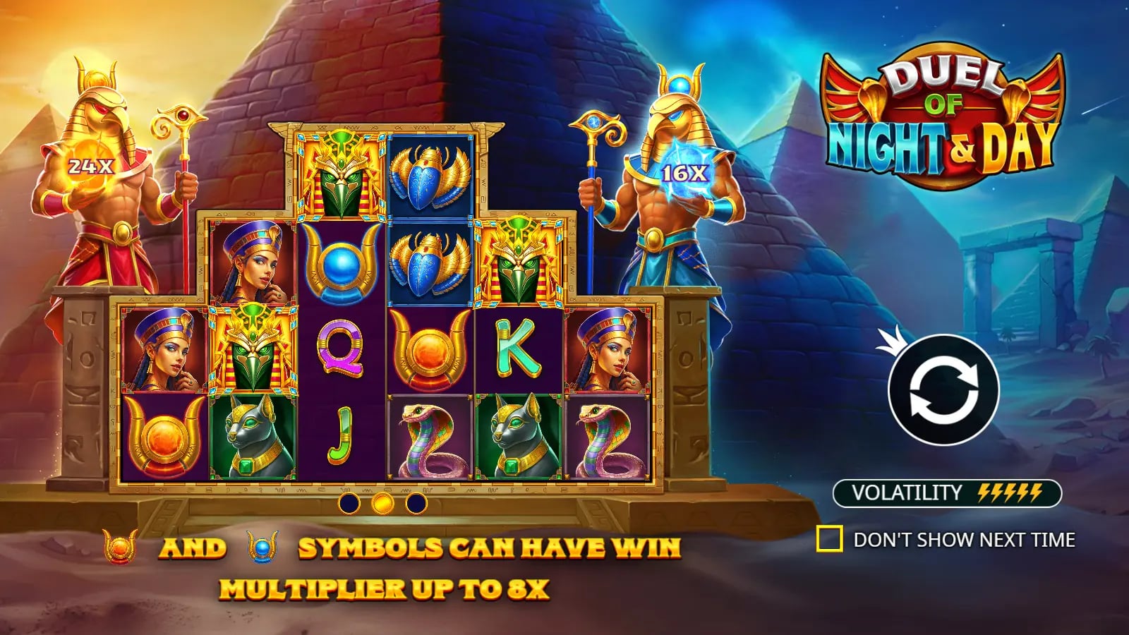 Duel of Night and Day introductory screen showing the Sun and Moon figures beside the reels