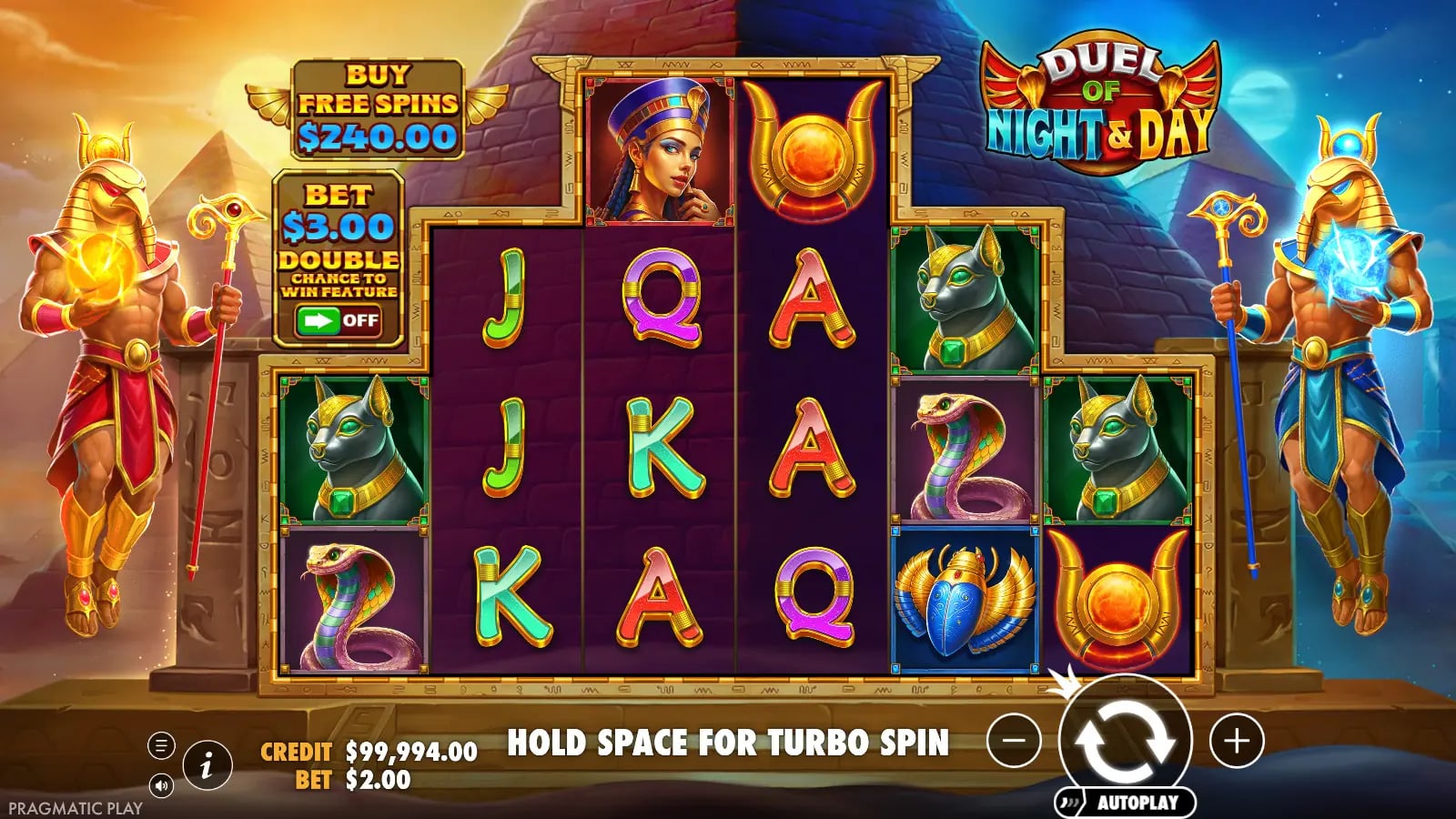 Duel of Night and Day later base-game spin with the full grid and virtual-credit controls