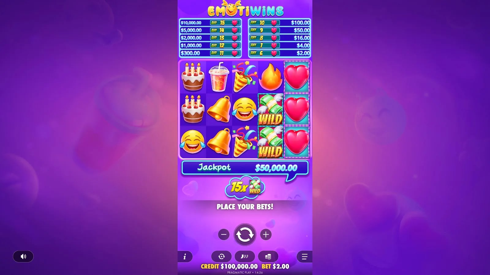 Emotiwins official base-game board with five reels, three rows, three hearts, two money Wilds, heart-count paytable and controls.