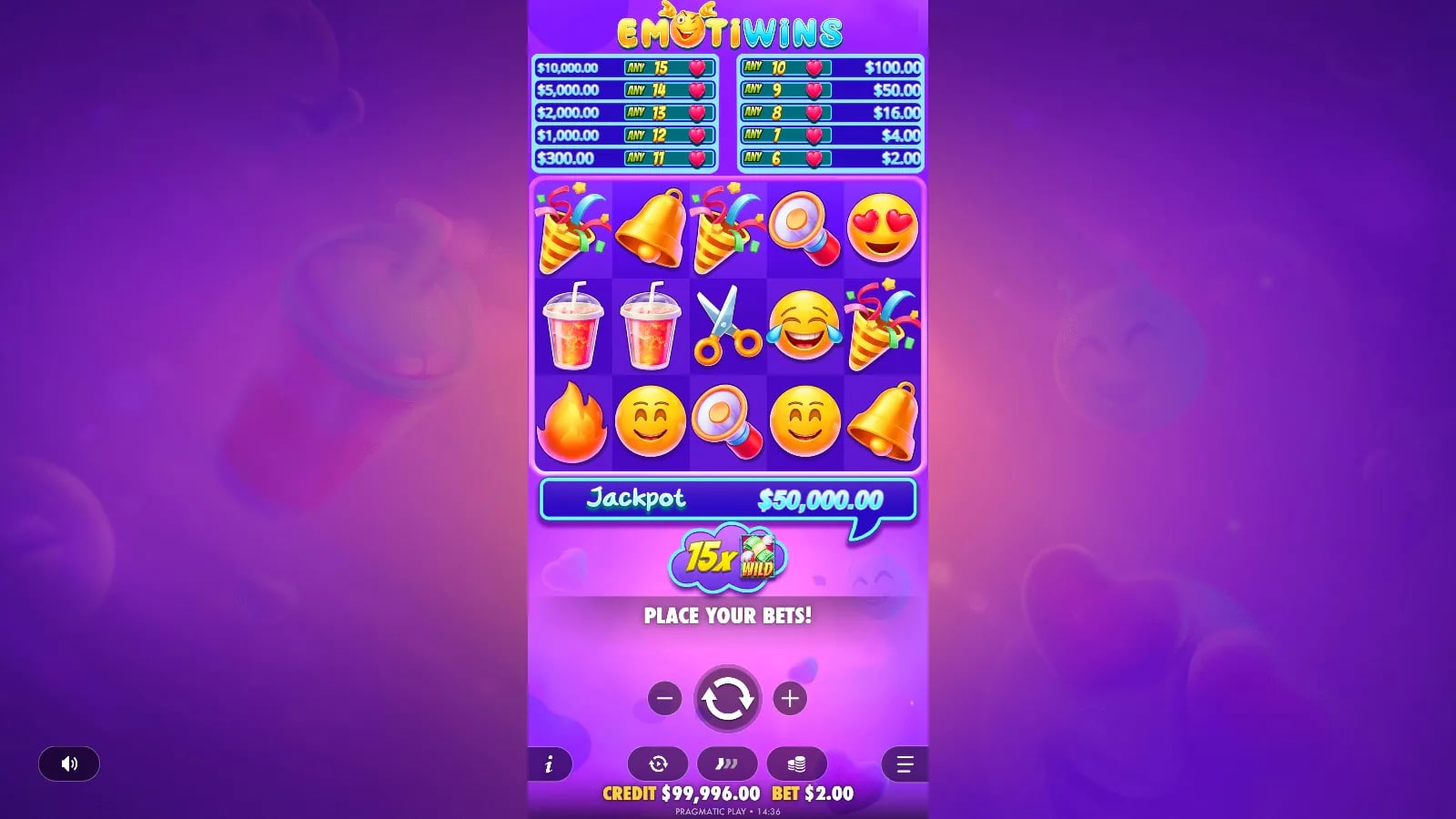 Emotiwins live 5x3 emoji reels with all ten paylines and controls visible