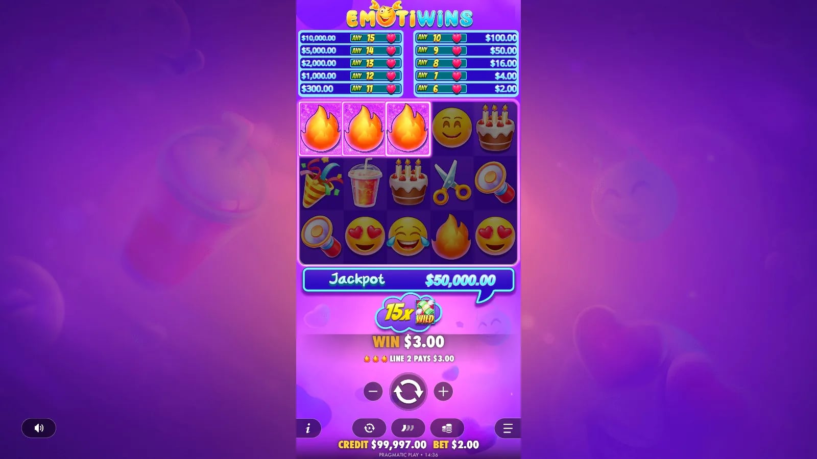 Emotiwins later five-by-three result highlighting a three-fire-symbol line win worth 3.00 with the paytable and controls visible.