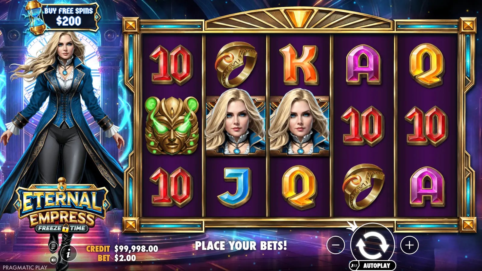Eternal Empress Freeze Time live 5x3 grid with cash symbols visible