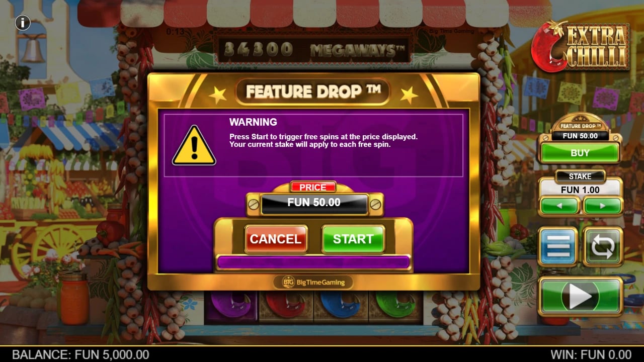 Extra Chilli Feature Drop confirmation at FUN 50 with a FUN 1 stake