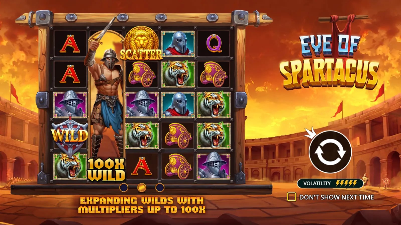 Eye of Spartacus instructional 5×5 grid with illustrated full-reel warrior, lion Scatter and 100× Wild label.